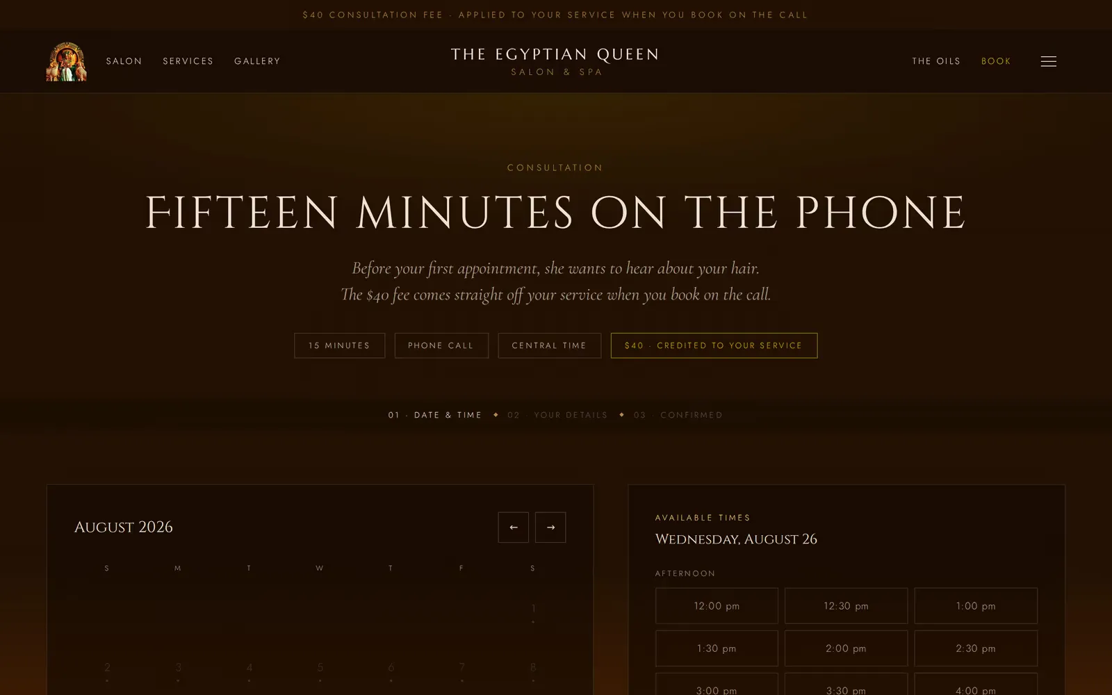 The consultation booking page on the live site: "$40 consultation fee, applied to your service when you book on the call", with a three-step flow and a calendar of available times pulled from the salon's real availability