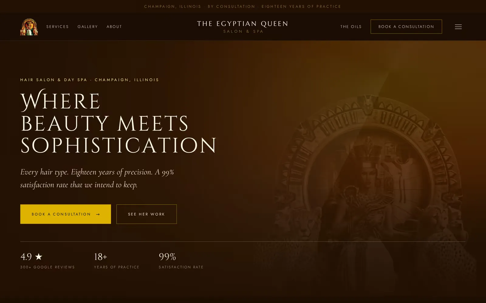 The Egyptian Queen home page: a dark gold-on-brown design with the headline "Where beauty meets sophistication", a book-a-consultation button, and the salon's 4.9-star rating, 18 years of practice, and 99% satisfaction rate