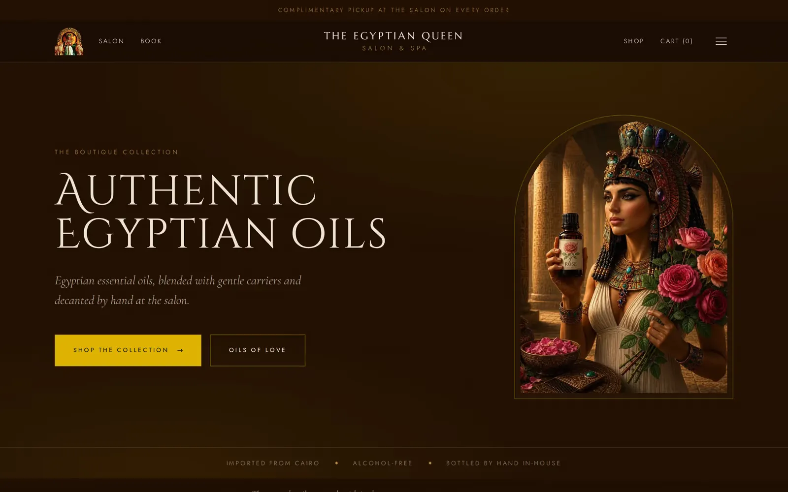 The shop landing page for the salon's boutique oil collection, with complimentary salon pickup on every order, a shop-the-collection button, and a cart in the header